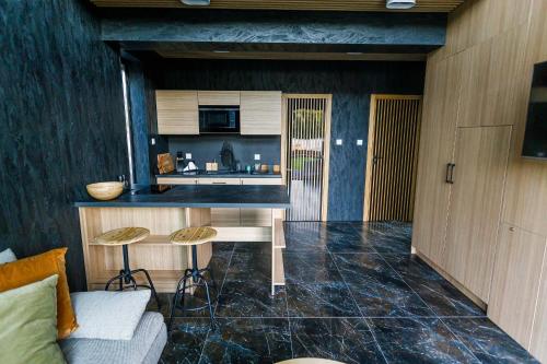 a kitchen with a counter and a couch in a room at Natura Park Radawa in Radawa
