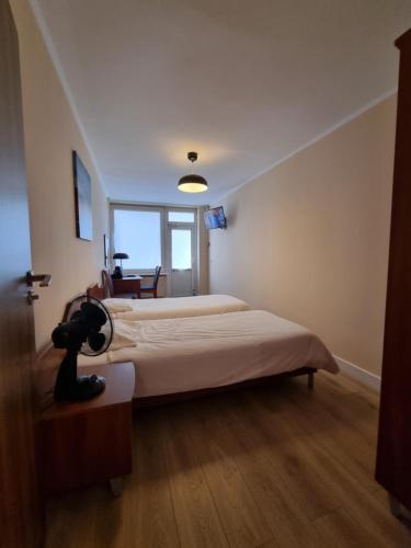 a bedroom with a bed and a desk in it at Biłgoraj Aparthotel in Biłgoraj