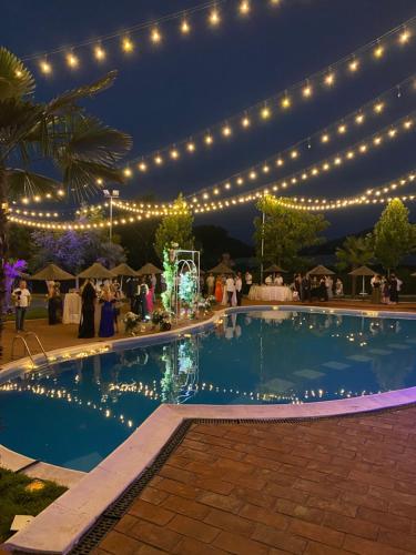 a string of lights over a swimming pool at night at Park Ashik in Tirana