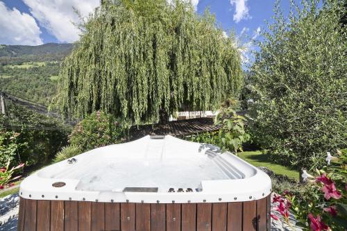 a hot tub in a garden with a tree at Masulhof Ferienwohnung Veilchen in Verdines
