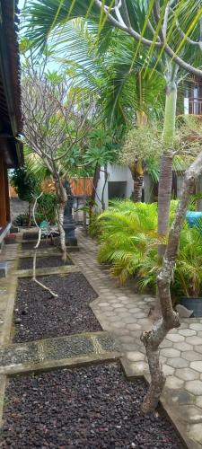 a garden with palm trees and a stone walkway at Swara Homestay 2 in Nusa Lembongan