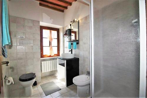 ein Bad mit einem WC und einem Waschbecken in der Unterkunft Tuscan Farmhouse with 7 Apartments for max 30 persons in Montecastelli