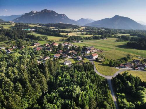 an aerial view of a small village in the mountains at Les Lodges de Babylone in Larringes