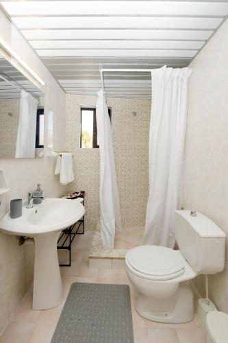 a bathroom with a white toilet and a sink at Palm Square Appart in Ialyssos