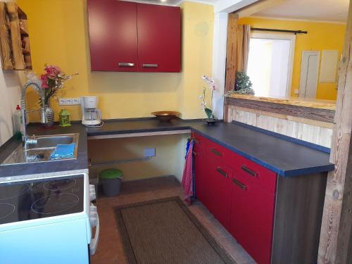 een kleine keuken met rode kasten en een wastafel bij Ferienwohnung Toskana Traum in Schönburg