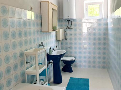 uma casa de banho azul e branca com um lavatório e um WC em Apartments with a parking space Metajna, Pag - 6423 em Metajna