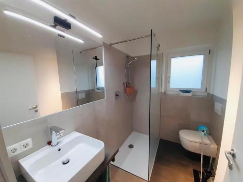a bathroom with a sink and a glass shower at Bed&Bike Bruneck - Brunico in Brunico