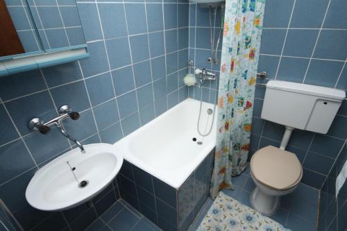 Baño azul con lavabo y aseo en Apartments with a parking space Pag - 6367 en Pag