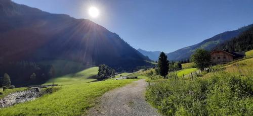 a dirt road in a field with the sun shining on a mountain at Haus Fritz - Erholung in den Bergen in Donnersbachwald
