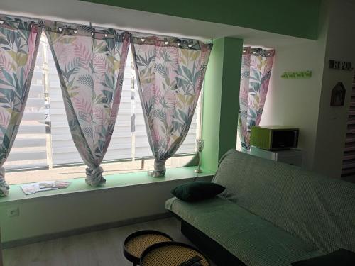 - un salon avec un canapé et 2 fenêtres dans l'établissement LA CASA VERDE, à La Fère