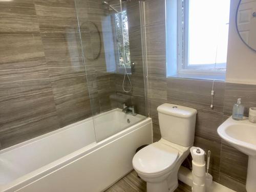 a bathroom with a toilet and a tub and a sink at Cheerful 2-bedroom home with free parking in Roughhill
