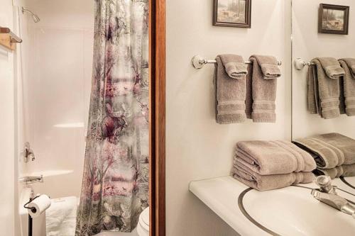 La salle de bains est pourvue d'un lavabo et d'un rideau de douche. dans l'établissement Hideaway Cabin - Eden Valley, à Oroville
