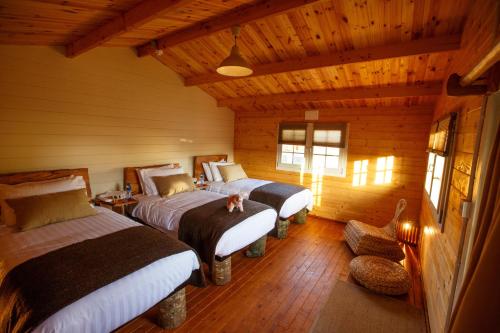 a bedroom with two beds in a log cabin at Giltraps Townhouse & Glamping in Kinnitty
