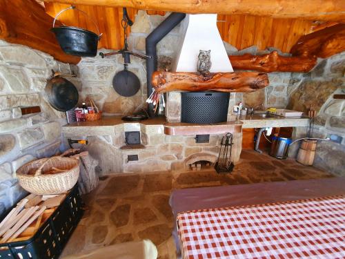 a kitchen with a stove and a stone wall at Penzion U Sovy in Dolný Kubín