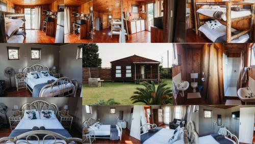 a collage of images of a room with two beds at Amperda Log Cabins in Bergheim