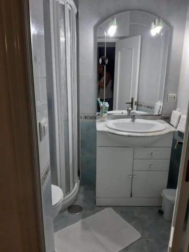 uma casa de banho com um lavatório, um chuveiro e um WC. em Rooms 2 and 1 Beds near Sevilla Center em Sevilha