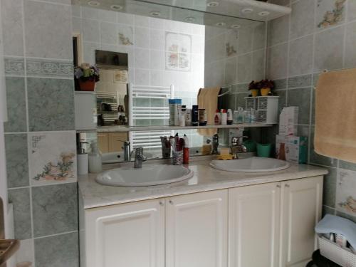 een badkamer met 2 wastafels en een spiegel bij Maison proche circuit 24h du mans in Spay