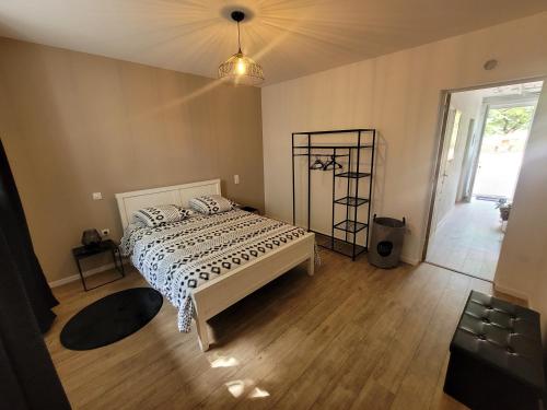 1 dormitorio con 1 cama y 1 habitación con lámpara en Au Grand Chêne Jolie T3 à 5 min d'Albi, en Puygouzon-et-Montsalvy