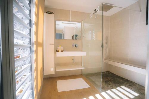 uma casa de banho com uma cabina de duche em vidro e um lavatório. em Villa Camilla, des vacances hors du temps em Saint-Pierre