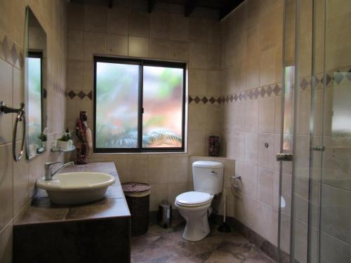a bathroom with a toilet and a sink and a window at Manzini Chalet No 34 in St Lucia