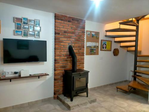 sala de estar con chimenea y TV de pantalla plana en Bajo los nidos 2, en San Emiliano