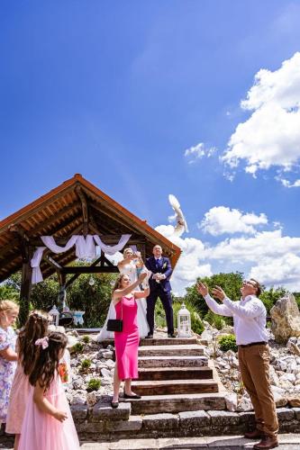 a bride and groom standing on the steps at a wedding at Hotel Veveří in Veverská Bítýška