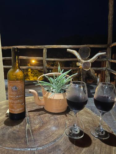 two glasses of wine sitting on a wooden table at Vila Ypáwa 150 m centro 30 m praia lago verde in Alter do Chao