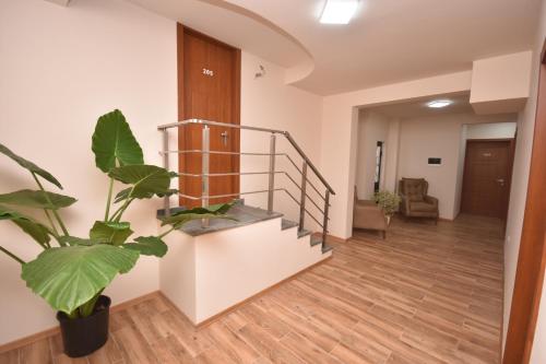 a hallway with a staircase and a potted plant at Hotel & Restaurant Sokhumi in Zugdidi
