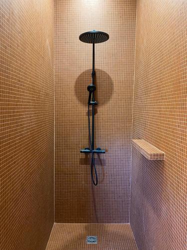 une douche avec pommeau de douche dans une salle de bain dans l'établissement Chez Georges - Maison 1 - Les Gîtes du Verdon, à Esparron-de-Verdon