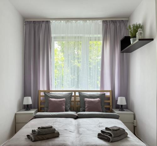 sypialnia z 2 łóżkami i dużym oknem w obiekcie Flower House Warsaw Chopin Airport w Warszawie