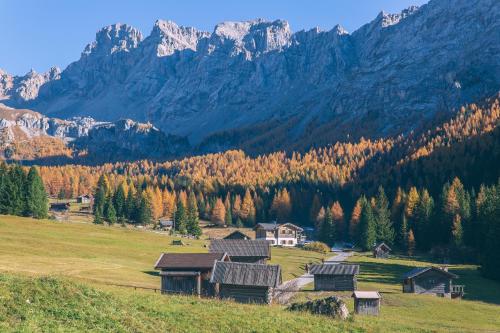 a house in a field with mountains in the background at Fedaia Joy B&B in Canazei