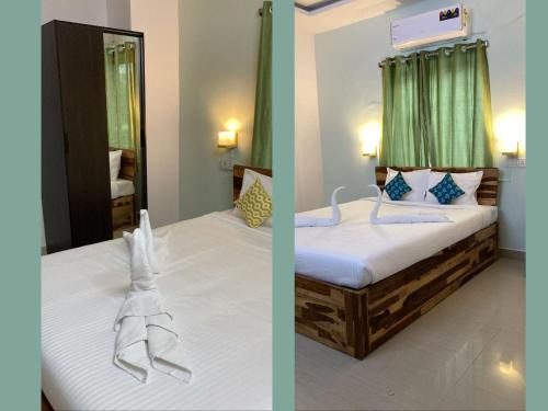 two pictures of a bedroom with two beds and a mirror at Udipi's Vihar in Hyderabad