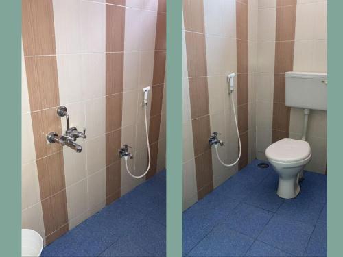 two pictures of a bathroom with a toilet at Udipi's Vihar in Hyderabad