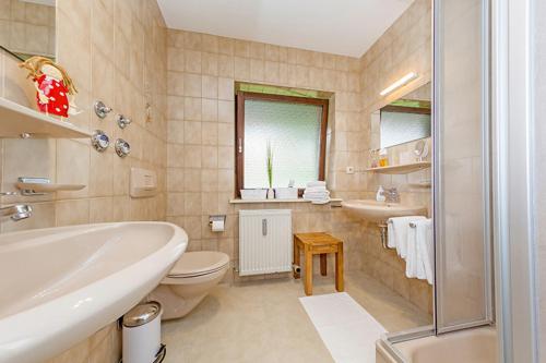 Un baño con lavabo, inodoro y ducha. en Ferienwohnung Schmankerl, en Reit im Winkl