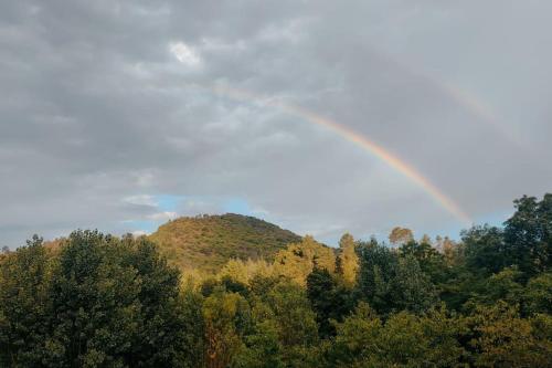 Un arc-en-ciel au-dessus d'une forêt d'arbres dans l'établissement Gîte et jardin en bord de rivière, à Saumane