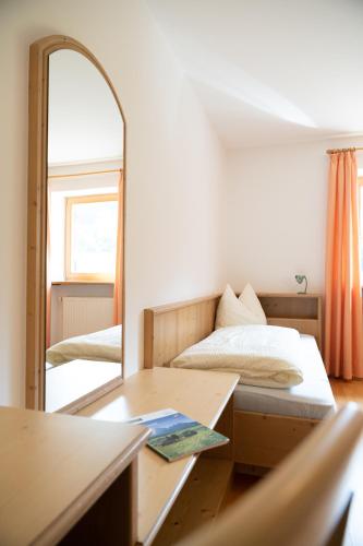 a bedroom with a bed and a mirror at Fortschöllhof in Castelrotto