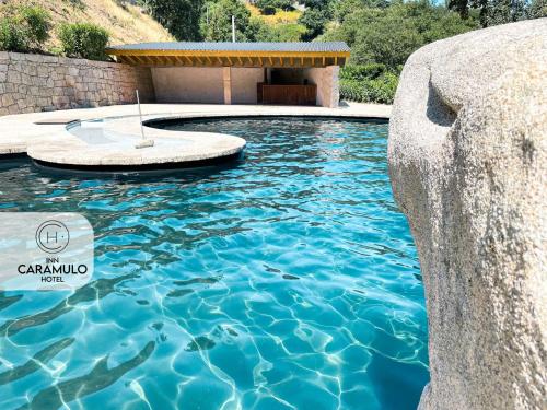 uma piscina com uma rocha na água em Inn Caramulo Hotel em Tondela