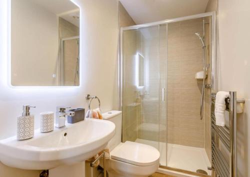 uma casa de banho com um WC, um lavatório e um chuveiro em Fawn Cottage disabled adapted 3 bed cottage em Coughton