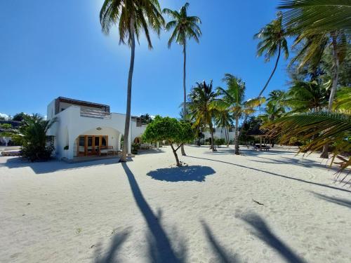 a group of palm trees on a beach with a building at Kijani Beach Villas in Bwejuu