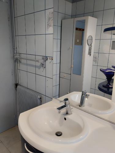 a bathroom with a white sink and a mirror at La petite maison de Paule in Amilly