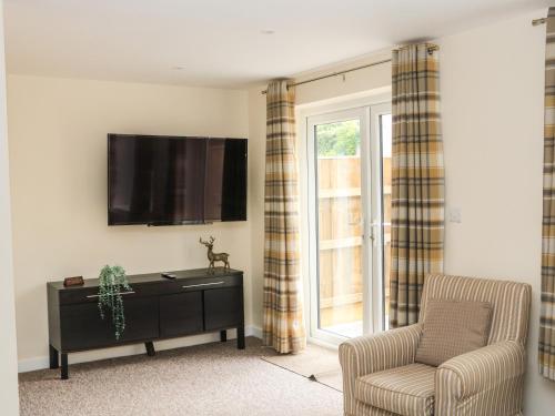 a living room with a tv and a chair at Sawtons Cottage 2 in Dawlish