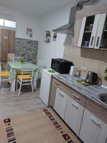 uma cozinha com um lavatório e uma bancada em Azalea em Prilepo