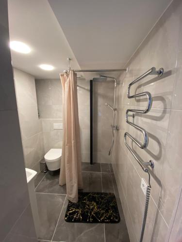a bathroom with a shower and a shower curtain at Radio city loft in Kaunas
