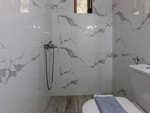 La salle de bains est pourvue d'une douche et de toilettes. dans l'établissement Hersonissos Modern One Bedroom Apartment Beachside, à Chersónissos