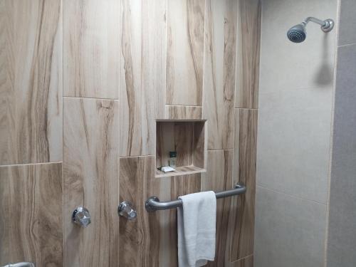 a bathroom with a shower with a wooden wall at Baja Inn Hoteles La Mesa in Tijuana