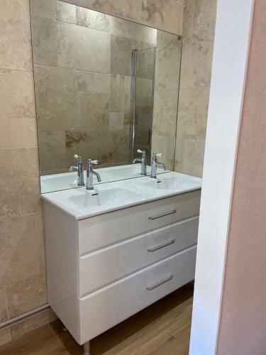 a bathroom with a white sink and a mirror at Loft "Eden" jaccuzi prestations haut de gamme 92m2-2 chbres in Chamalières