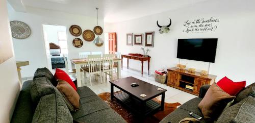 een woonkamer met een bank en een tv bij The Bridge, Apartment 25 in St Lucia