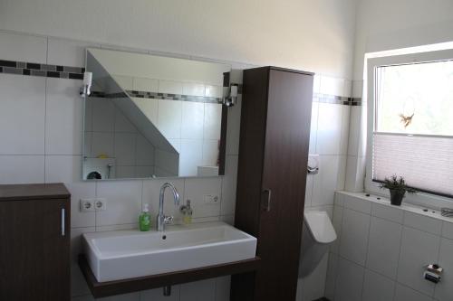 a bathroom with a sink and a mirror at Ferienwohnung Grove in Bippen