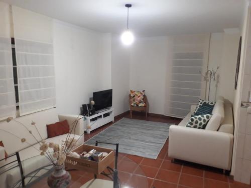 een woonkamer met een bank en een tv bij Casinha de Nogueirinha in Macedo de Cavaleiros