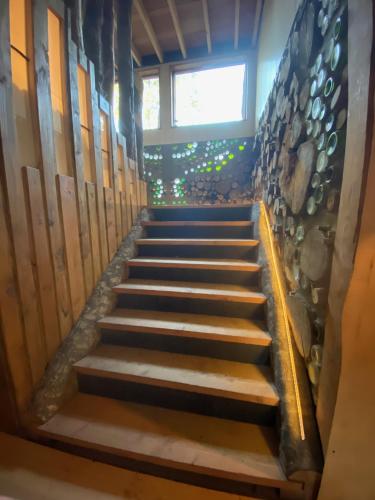 a set of stairs in a room with a wall at La Colmena eco lodge in Ensenada